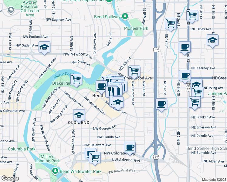 map of restaurants, bars, coffee shops, grocery stores, and more near 920 Northwest Bond Street in Bend