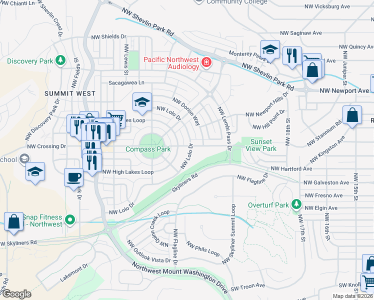 map of restaurants, bars, coffee shops, grocery stores, and more near 2311 Northwest Lolo Drive in Bend