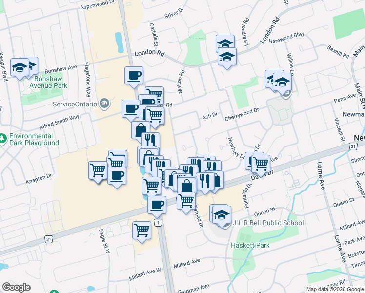 map of restaurants, bars, coffee shops, grocery stores, and more near 58 Marlin Court in Newmarket