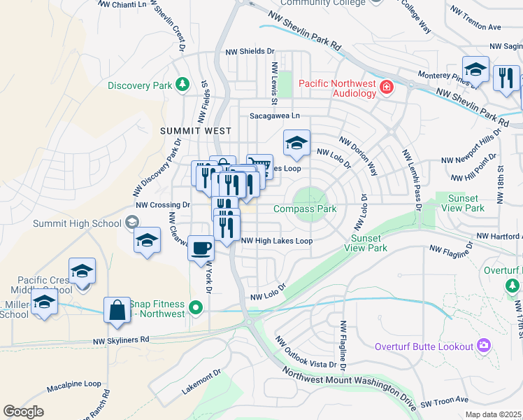 map of restaurants, bars, coffee shops, grocery stores, and more near 2705 Northwest Crossing Drive in Bend