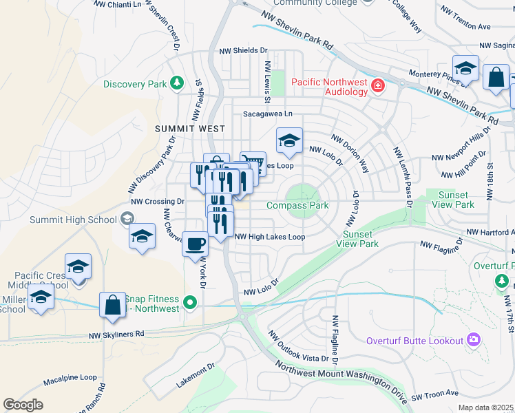 map of restaurants, bars, coffee shops, grocery stores, and more near 2697 Northwest Crossing Drive in Bend