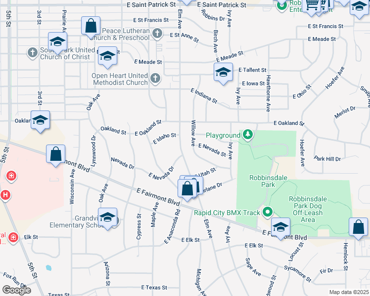 map of restaurants, bars, coffee shops, grocery stores, and more near 258 East Nevada Drive in Rapid City