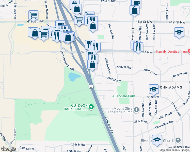 map of restaurants, bars, coffee shops, grocery stores, and more near East Frontage Road in Rochester