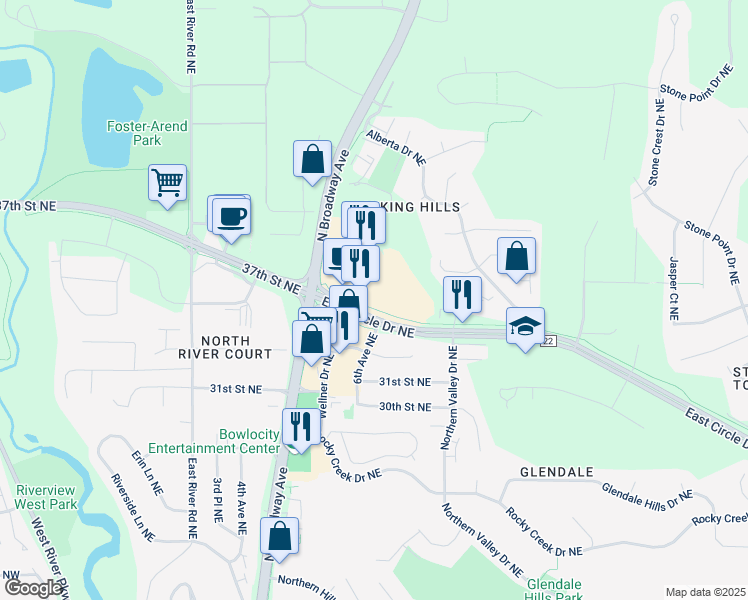 map of restaurants, bars, coffee shops, grocery stores, and more near in Rochester