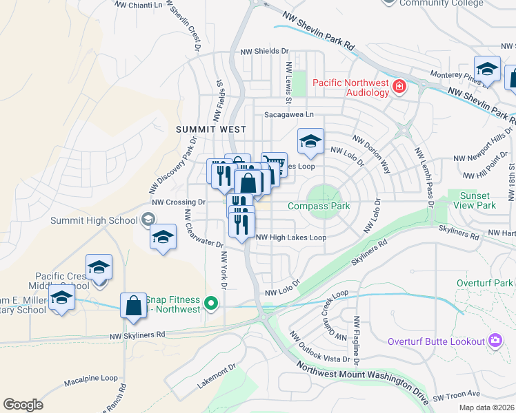 map of restaurants, bars, coffee shops, grocery stores, and more near 2747 Northwest Crossing Drive in Bend