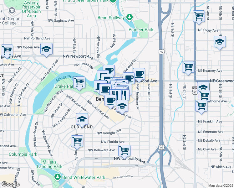 map of restaurants, bars, coffee shops, grocery stores, and more near 920 Northwest Bond Street in Bend
