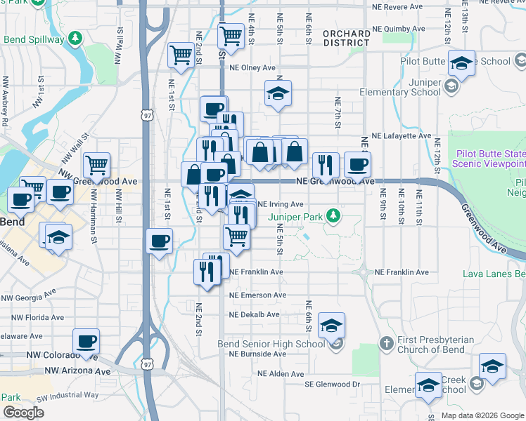 map of restaurants, bars, coffee shops, grocery stores, and more near 408 Northeast Hawthorne Avenue in Bend