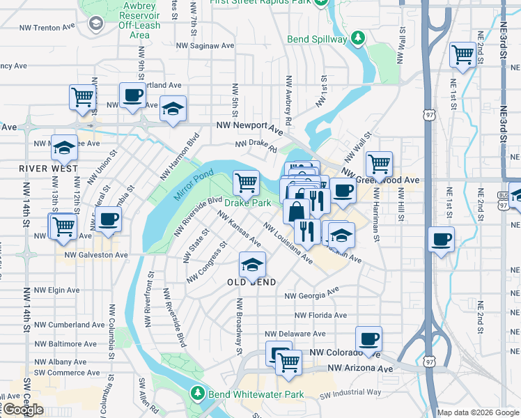 map of restaurants, bars, coffee shops, grocery stores, and more near 708 Northwest Broadway Street in Bend