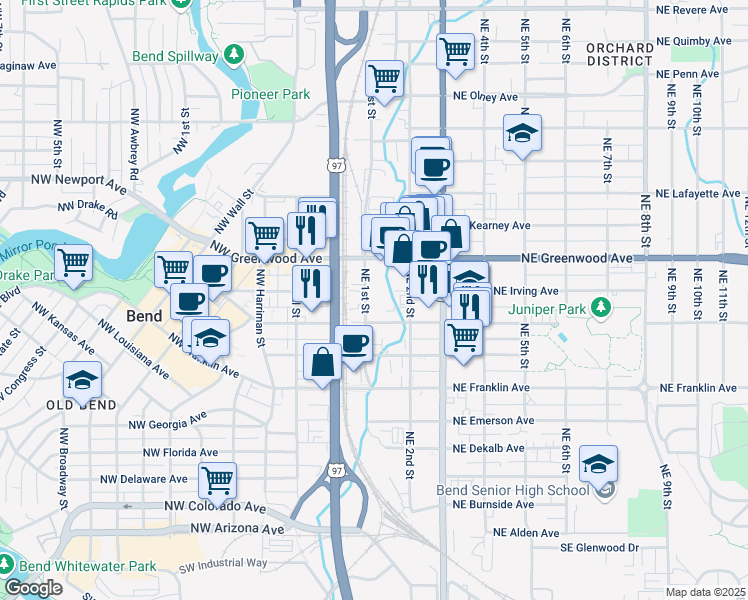 map of restaurants, bars, coffee shops, grocery stores, and more near 740 Northeast 1st Street in Bend