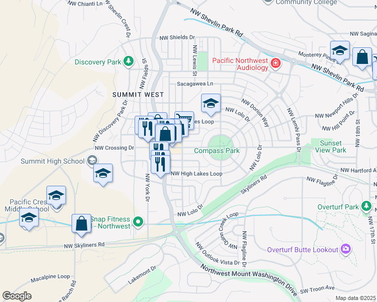 map of restaurants, bars, coffee shops, grocery stores, and more near 2693 Northwest Crossing Drive in Bend