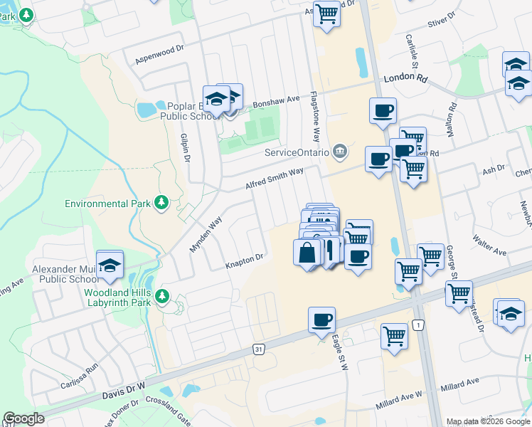 map of restaurants, bars, coffee shops, grocery stores, and more near 87 Gail Parks Crescent in Newmarket
