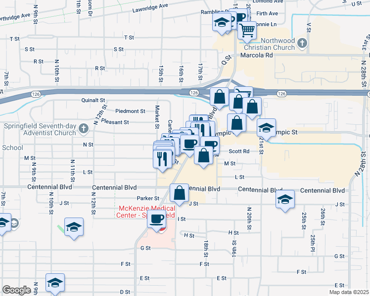 map of restaurants, bars, coffee shops, grocery stores, and more near 1414 Mohawk Boulevard in Springfield