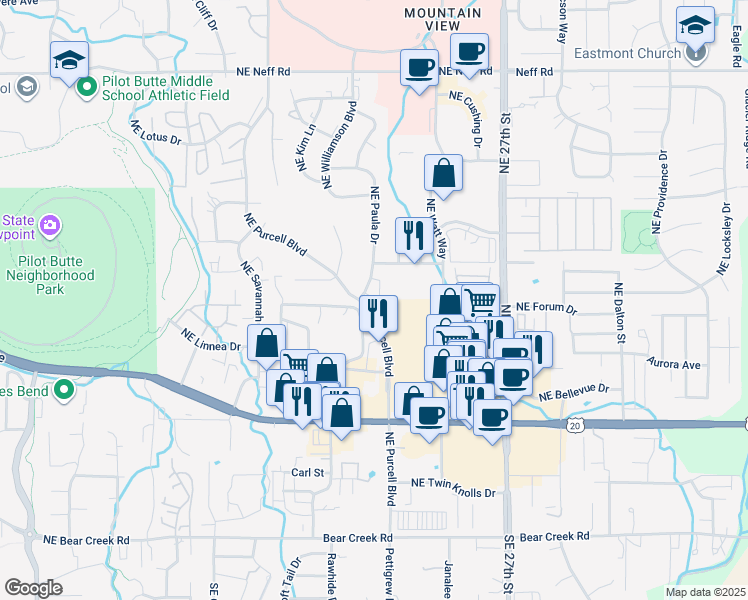 map of restaurants, bars, coffee shops, grocery stores, and more near 920 Northeast Paula Drive in Bend