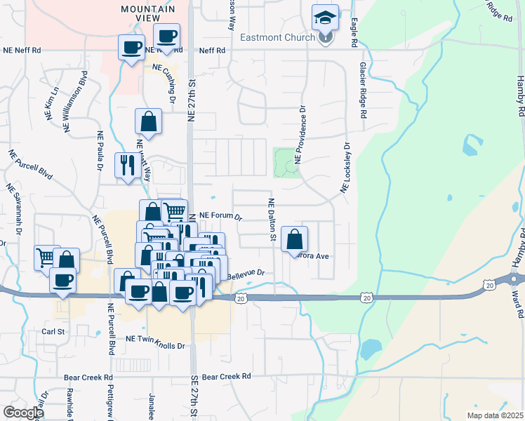 map of restaurants, bars, coffee shops, grocery stores, and more near 864 Northeast Locksley Drive in Bend