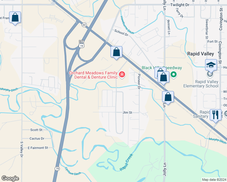 map of restaurants, bars, coffee shops, grocery stores, and more near 5723 Corbin Drive in Rapid City
