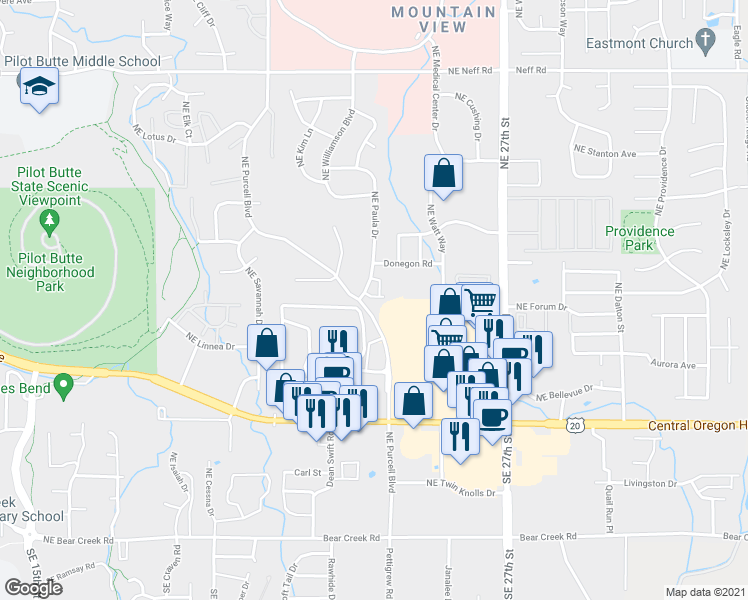 map of restaurants, bars, coffee shops, grocery stores, and more near 839 Northeast Purcell Boulevard in Bend