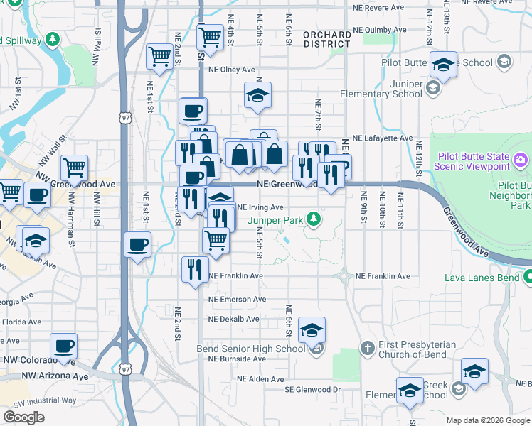 map of restaurants, bars, coffee shops, grocery stores, and more near 468 Northeast Hawthorne Avenue in Bend
