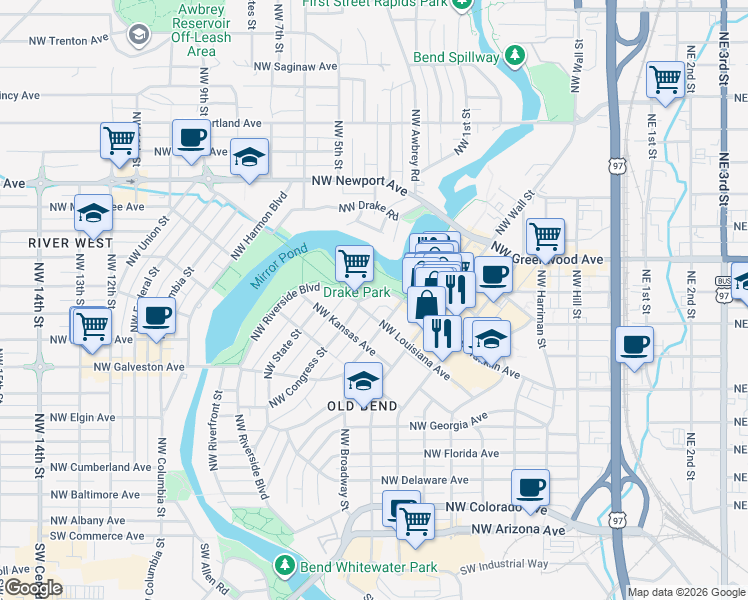 map of restaurants, bars, coffee shops, grocery stores, and more near 708 Northwest Broadway Street in Bend