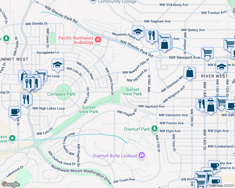 map of restaurants, bars, coffee shops, grocery stores, and more near 2439 Northwest Drouillard Avenue in Bend