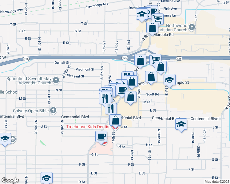 map of restaurants, bars, coffee shops, grocery stores, and more near 1414 Mohawk Boulevard in Springfield
