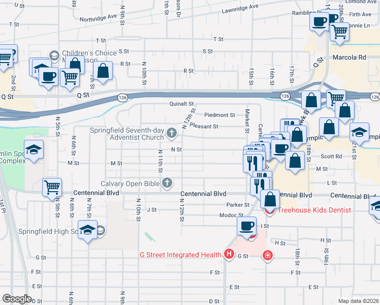 map of restaurants, bars, coffee shops, grocery stores, and more near 1269 M Street in Springfield