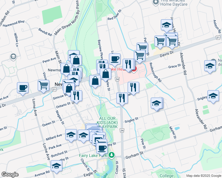 map of restaurants, bars, coffee shops, grocery stores, and more near 67 Charles Street in Newmarket