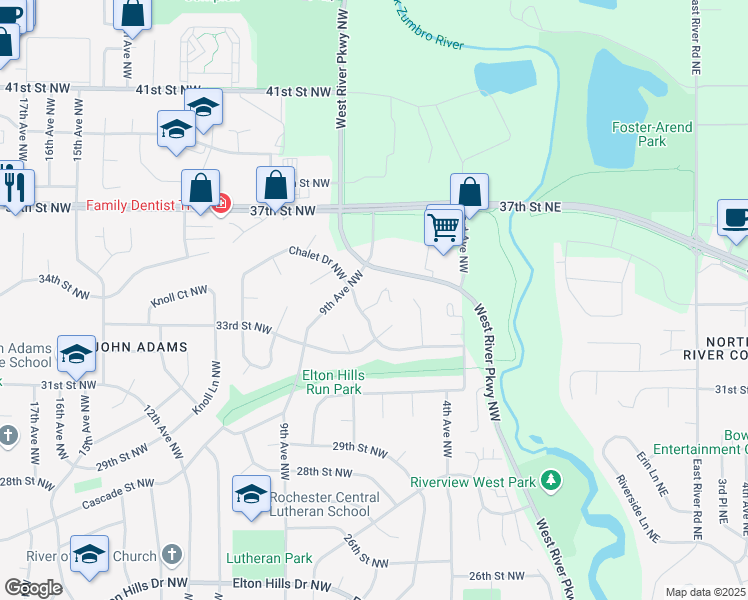 map of restaurants, bars, coffee shops, grocery stores, and more near 615 33rd Street Lane Northwest in Rochester