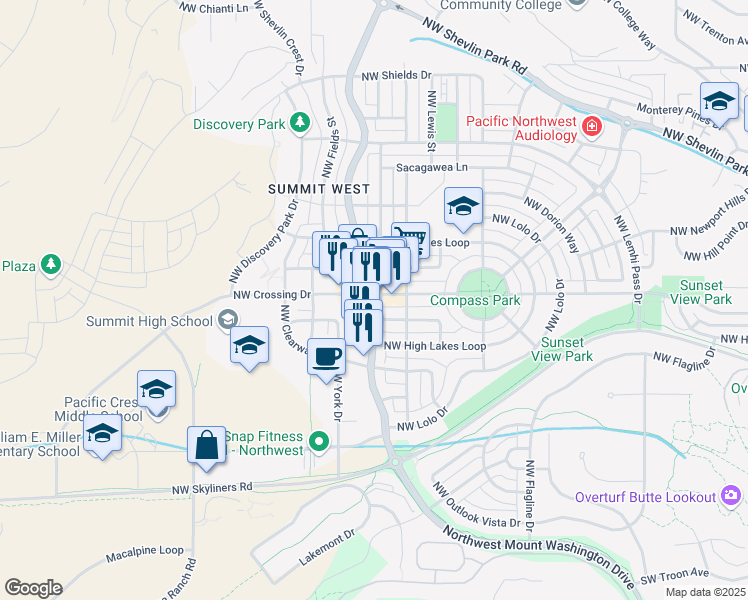 map of restaurants, bars, coffee shops, grocery stores, and more near 766 Northwest Mount Washington Drive in Bend