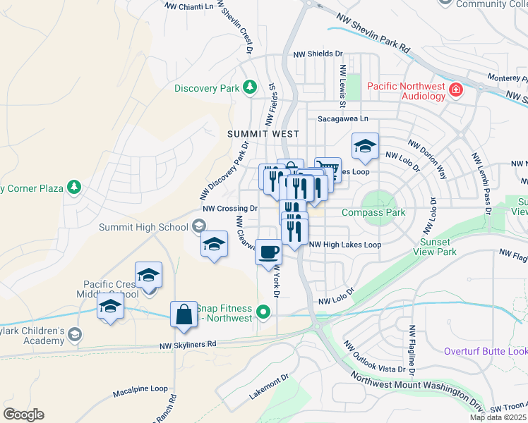 map of restaurants, bars, coffee shops, grocery stores, and more near 698 Northwest York Drive in Bend