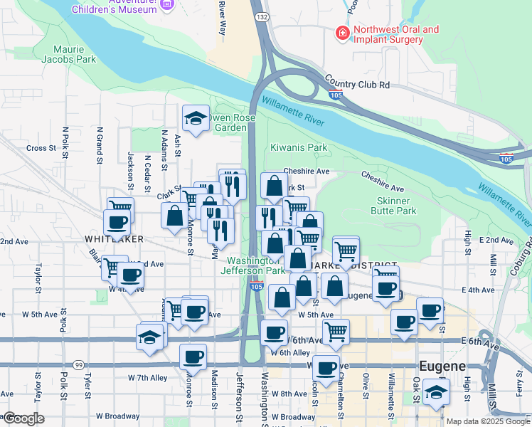 map of restaurants, bars, coffee shops, grocery stores, and more near W 1st Ave & Washington St in Eugene