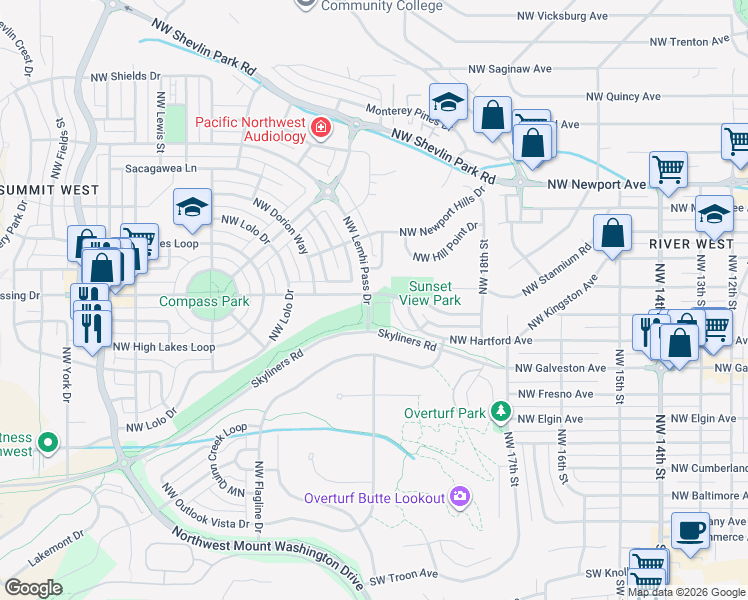 map of restaurants, bars, coffee shops, grocery stores, and more near 2439 Northwest Drouillard Avenue in Bend