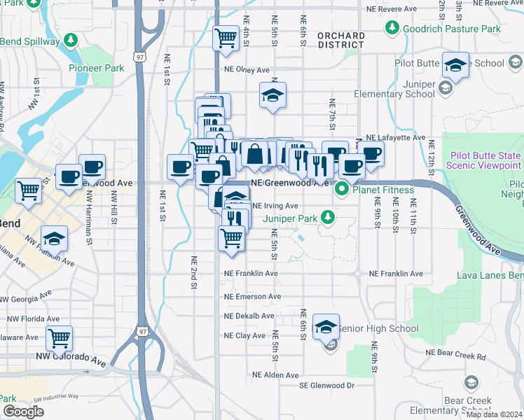 map of restaurants, bars, coffee shops, grocery stores, and more near 445 Northeast Irving Avenue in Bend