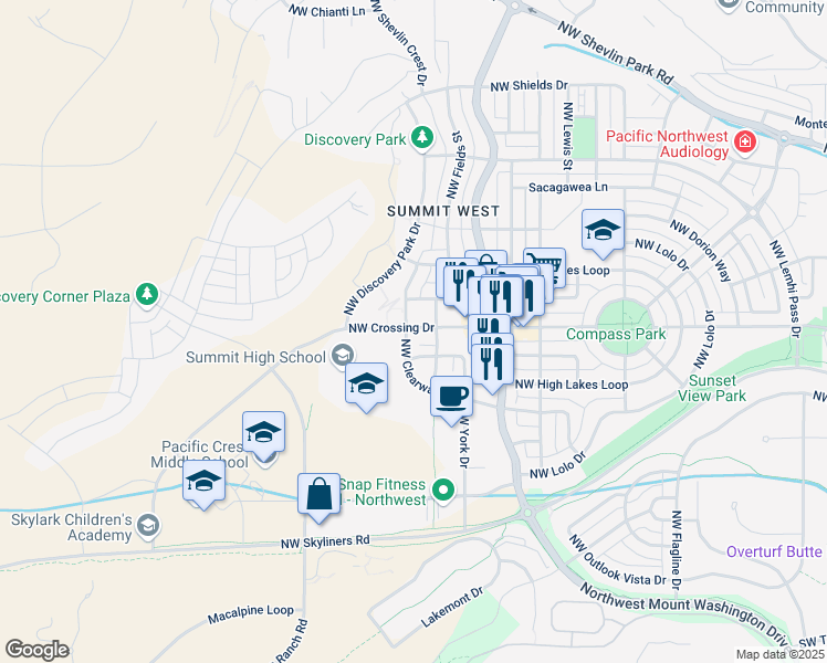 map of restaurants, bars, coffee shops, grocery stores, and more near 2776 Northwest Ordway Avenue in Bend