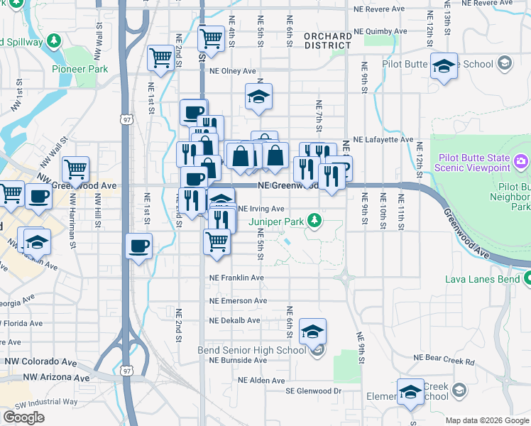 map of restaurants, bars, coffee shops, grocery stores, and more near 477 U.S. 20 in Bend