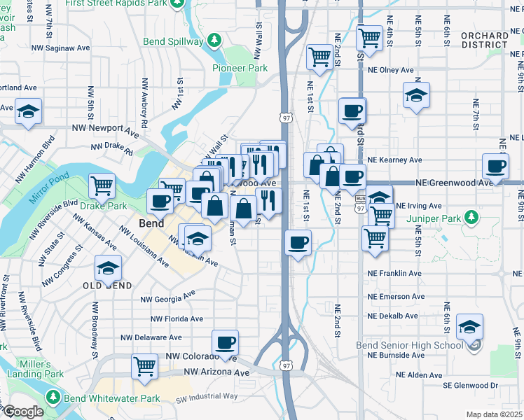 map of restaurants, bars, coffee shops, grocery stores, and more near 37 Northwest Greenwood Avenue in Bend