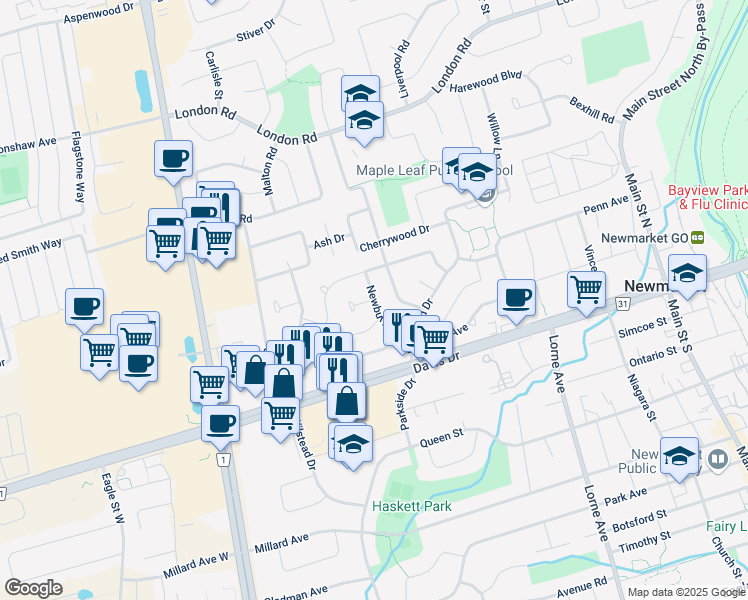 map of restaurants, bars, coffee shops, grocery stores, and more near Newbury Drive in Newmarket