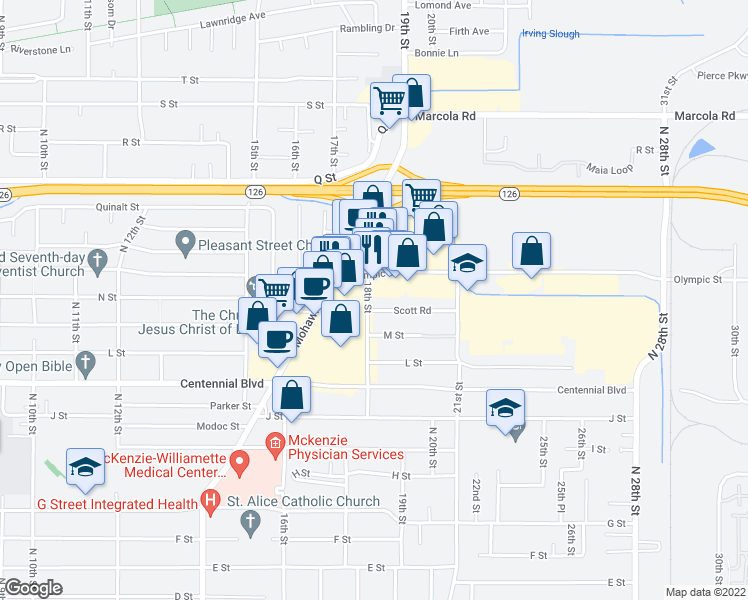 map of restaurants, bars, coffee shops, grocery stores, and more near 1505 18th Street in Springfield
