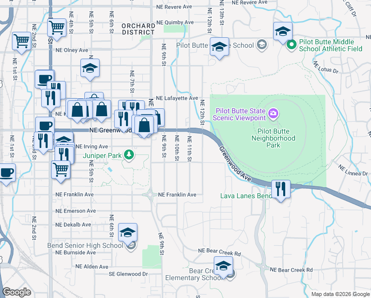 map of restaurants, bars, coffee shops, grocery stores, and more near 855 Northeast 11th Street in Bend