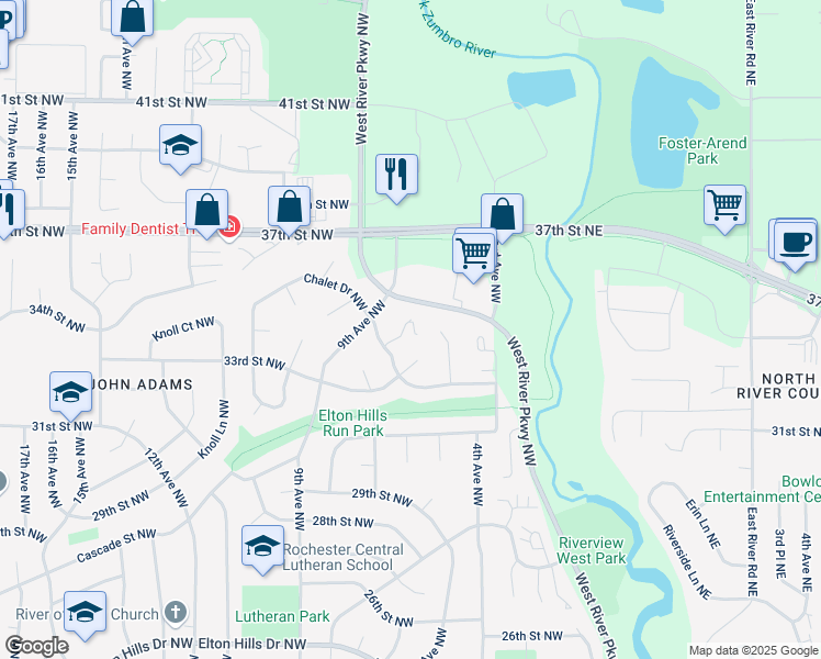 map of restaurants, bars, coffee shops, grocery stores, and more near 22 Elton Ridge Court Northwest in Rochester