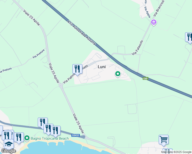 map of restaurants, bars, coffee shops, grocery stores, and more near 18 Via Giacomo Brodolini in Luni Mare
