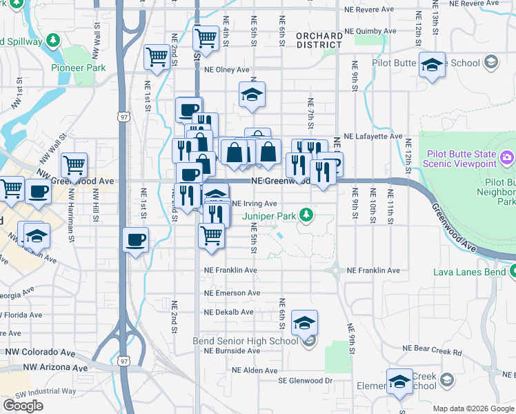 map of restaurants, bars, coffee shops, grocery stores, and more near 477 U.S. 20 in Bend