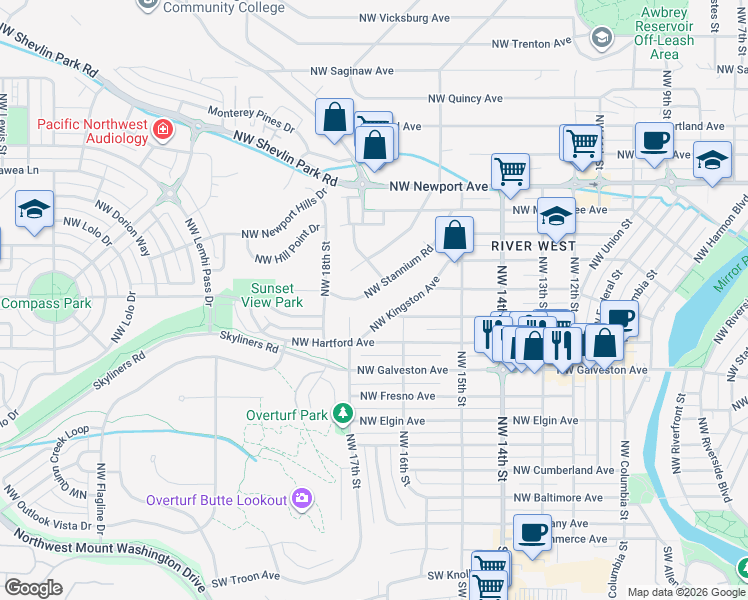 map of restaurants, bars, coffee shops, grocery stores, and more near 1108 Northwest Knoxville Boulevard in Bend