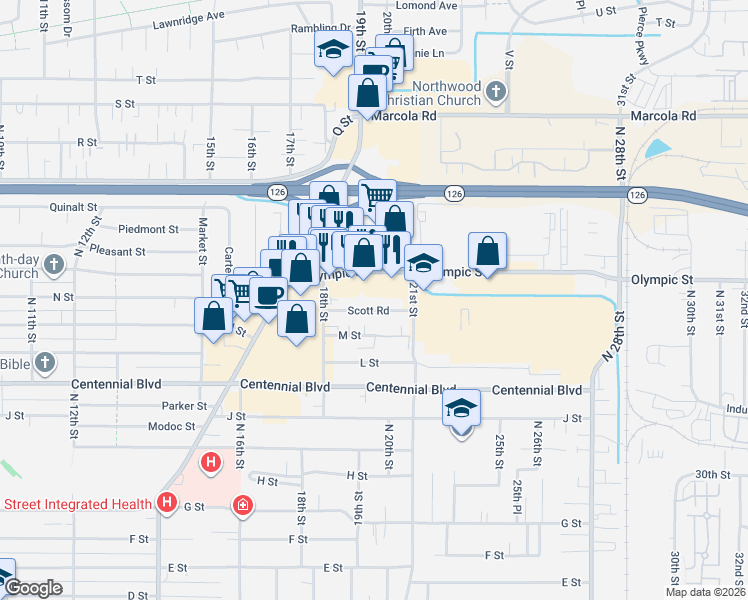 map of restaurants, bars, coffee shops, grocery stores, and more near 2053 Olympic Street in Springfield