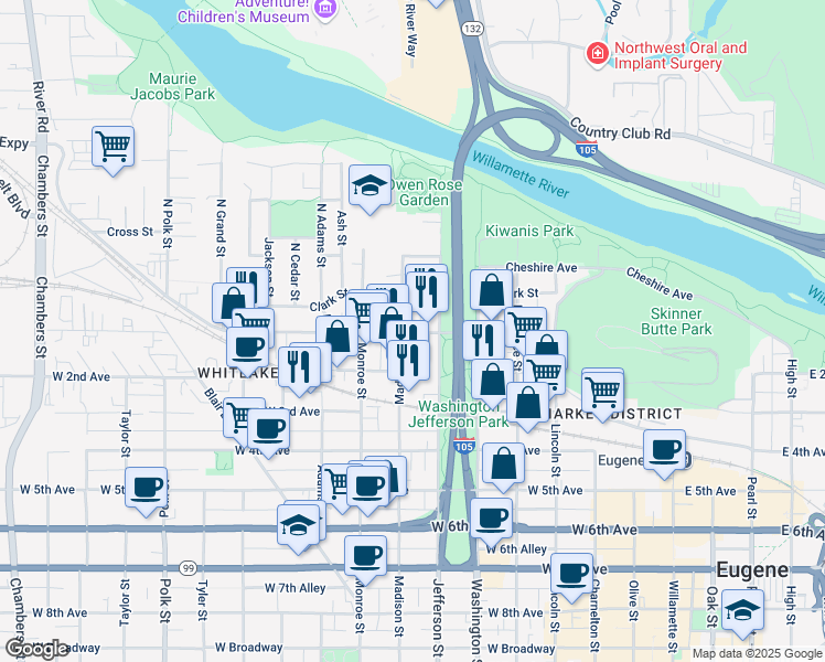 map of restaurants, bars, coffee shops, grocery stores, and more near 32 Madison Street in Eugene