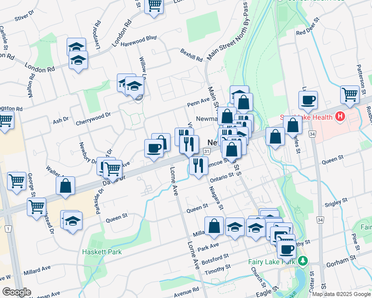 map of restaurants, bars, coffee shops, grocery stores, and more near 345 Davis Drive in Newmarket