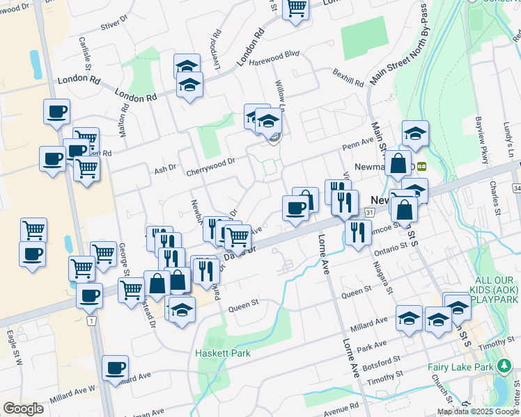 map of restaurants, bars, coffee shops, grocery stores, and more near 49 Lindsay Avenue in Newmarket