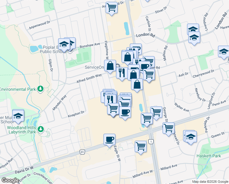 map of restaurants, bars, coffee shops, grocery stores, and more near 141 Matthew Boyd Crescent in Newmarket