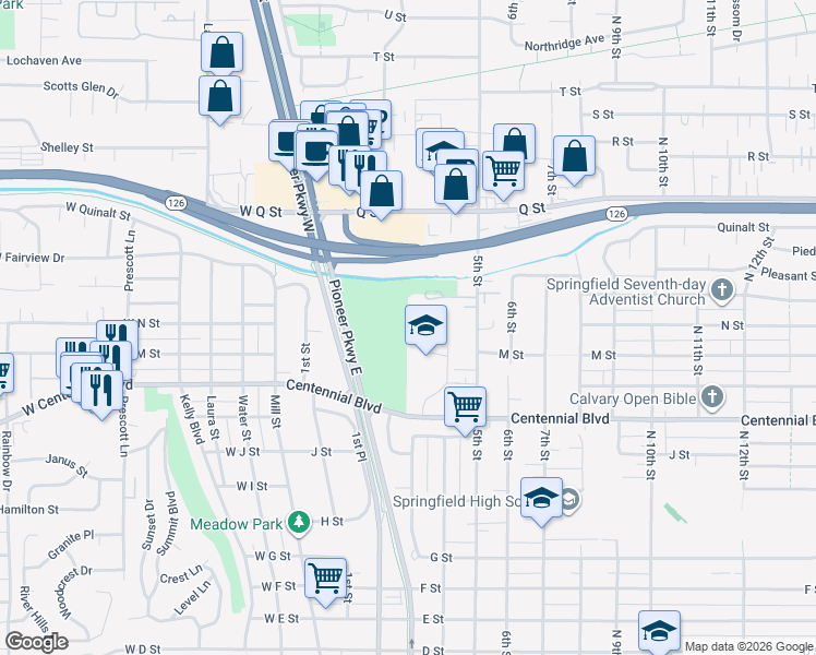 map of restaurants, bars, coffee shops, grocery stores, and more near 1544 5th Street in Springfield