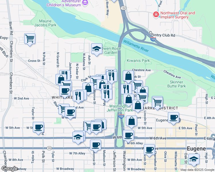 map of restaurants, bars, coffee shops, grocery stores, and more near 32 Madison Street in Eugene