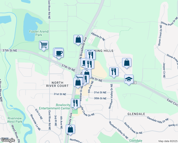 map of restaurants, bars, coffee shops, grocery stores, and more near 3450 East Circle Drive Northeast in Rochester